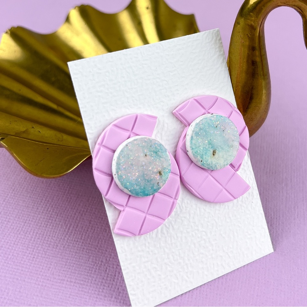90s Sponge Paint Pattern Glitter Grid Handmade Polymer Clay Earrings